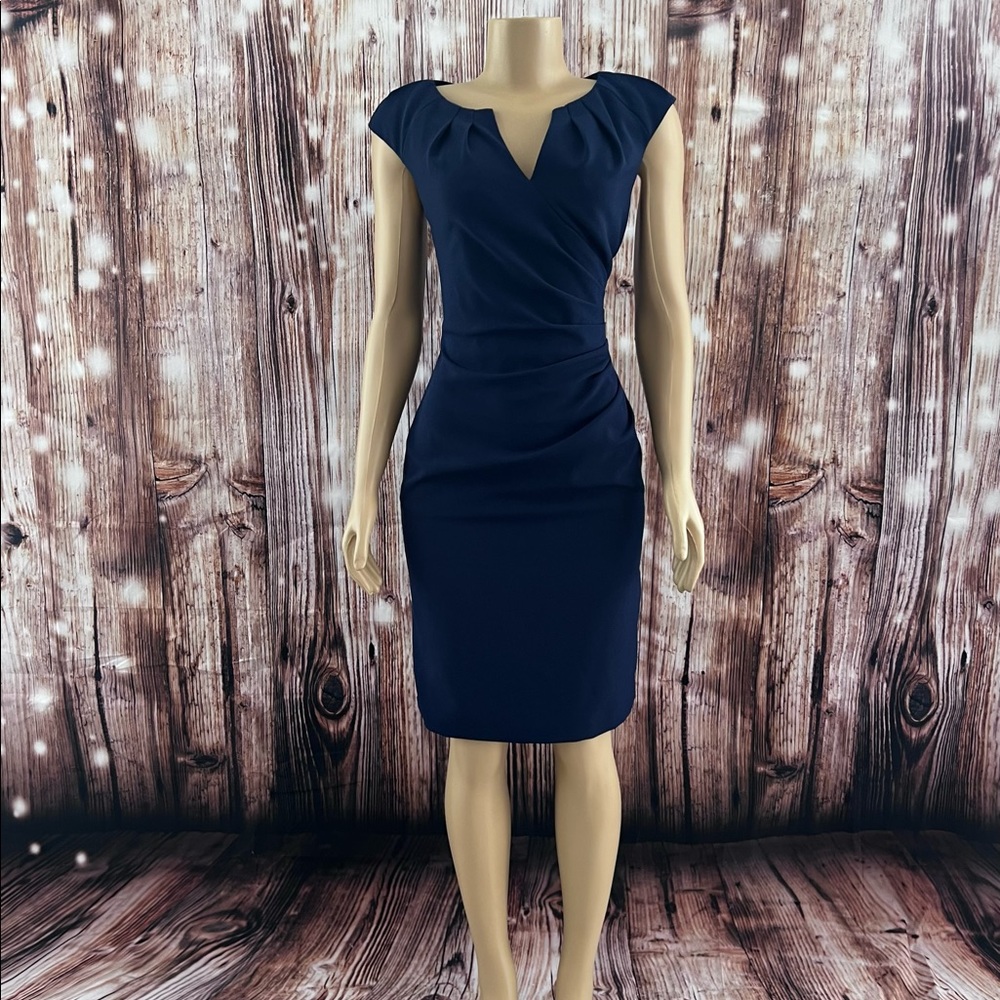 Adrianna Papell Women's Stretch Crepe V-Neck Side Tuck Navy Blues Dress